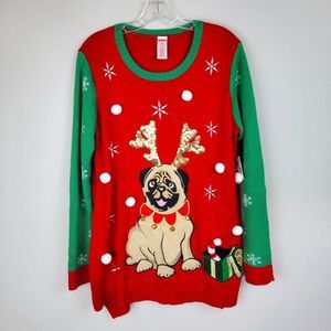 Holiday Time Green Red Christmas Bull Dog Bell Embroidered Sequins Sweater 16W